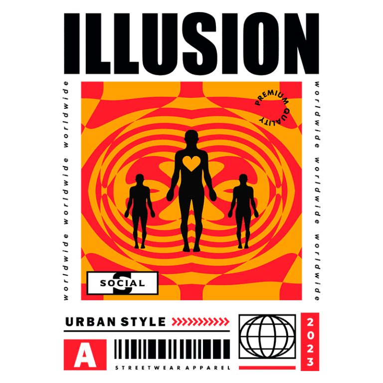 Imagem gráfica com o texto "ILLUSION" em destaque, apresentando silhuetas humanas em um fundo vibrante de cores laranja e amarelo, simbolizando conexão social e estilo urbano, com a marca "A STREETWEAR APPAREL" e o ano "2023".