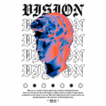 Imagem estilizada de um busto em 3D, com iluminação em tons de azul e rosa, sobre um fundo com o texto "VISION" repetido. O busto simboliza a complexidade do sistema visual humano, destacando a importância da óptica e da biologia na percepção visual.