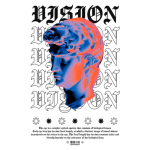 Imagem estilizada de um busto em 3D, com iluminação em tons de azul e rosa, sobre um fundo com o texto "VISION" repetido. O busto simboliza a complexidade do sistema visual humano, destacando a importância da óptica e da biologia na percepção visual.