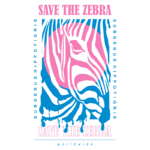 Design gráfico com a mensagem "Save the Zebra" em destaque, acompanhada de ilustrações estilizadas de uma zebra, com cores vibrantes em azul e rosa, promovendo a conservação da espécie.