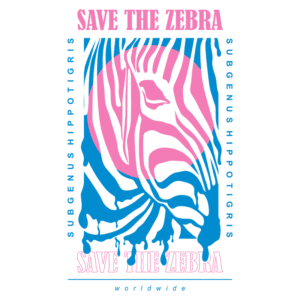 Design gráfico com a mensagem "Save the Zebra" em destaque, acompanhada de ilustrações estilizadas de uma zebra, com cores vibrantes em azul e rosa, promovendo a conservação da espécie.
