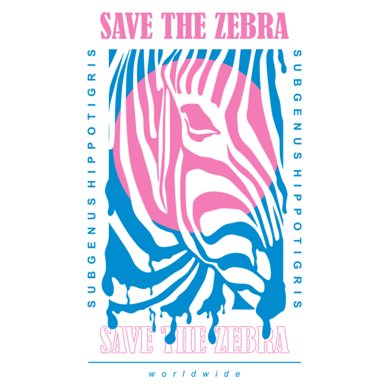 Design gráfico com a mensagem "Save the Zebra" em destaque, acompanhada de ilustrações estilizadas de uma zebra, com cores vibrantes em azul e rosa, promovendo a conservação da espécie.