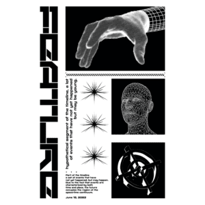 Imagem digital abstrata com mão em estilo de malha 3D, rosto humano em wireframe e elementos gráficos como estrelas e um alvo. Design contemporâneo que explora temas de tempo e futurismo, com texto explicativo sobre eventos hipotéticos. Ideal para discussões sobre arte digital e tecnologia.