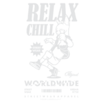 Design gráfico de streetwear com a frase "Relax Chill" e ilustração de um personagem estilizado, promovendo um estilo urbano e original. Ideal para amantes da moda casual e descolada.