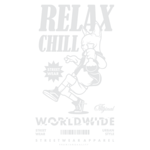 Design gráfico de streetwear com a frase "Relax Chill" e ilustração de um personagem estilizado, promovendo um estilo urbano e original. Ideal para amantes da moda casual e descolada.