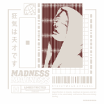 Imagem de uma camiseta de streetwear com design gráfico moderno, apresentando uma figura estilizada de uma pessoa com capuz, acompanhada de textos em japonês e inglês. O design destaca a frase "Madness is genius" e a marca "UNRESTRICTED", enfatizando a beleza da imperfeição e a liberdade de expressão na moda urbana. Ideal para amantes do estilo streetwear e cultura jovem.
