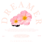 Design gráfico com a palavra "DREAMER" em destaque, acompanhada de flores em estilo poligonal. O texto enfatiza a importância de sonhar e trabalhar em direção aos objetivos. Estilo moderno de streetwear, ideal para a coleção de moda "Flower Apparel".