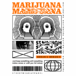 Design gráfico moderno com tema de maconha, apresentando rostos distorcidos, folhas de cannabis e textos estilizados. Inclui elementos de estampa urbana e a frase "organic organic". Ideal para moda streetwear.