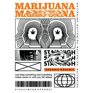 Design gráfico moderno com tema de maconha, apresentando rostos distorcidos, folhas de cannabis e textos estilizados. Inclui elementos de estampa urbana e a frase "organic organic". Ideal para moda streetwear.