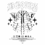 Desenho estilizado de uma coluna vertebral com estrelas ao redor, apresentando a palavra "BONES" em destaque. O design é voltado para moda streetwear e reflete temas de anatomia e estética urbana.