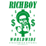 Imagem do logotipo da marca Richboy Worldwide, destacando um design de streetwear com elementos gráficos de dinheiro e um personagem estilizado, representando qualidade premium em roupas urbanas.