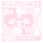 Imagem com design gráfico que apresenta flores rosa, padrões circulares e o texto "WILD WINNER" e "URBAN STYLE". Ideal para representar estilo urbano e natureza em projetos de moda ou arte.