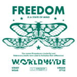 Imagem com design de camisetas, apresentando duas borboletas estilizadas e a frase "FREEDOM IS A STATE OF MIND". Inclui informações sobre os nomes Rhopalocera (borboleta) e Heterocera (mariposa) para diferenciar as espécies. Elementos de estilo urbano e moda de rua.