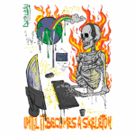 Esqueleto sentado em frente a um computador, cercado por chamas e elementos gráficos coloridos, simbolizando a fusão entre tecnologia e a mortalidade. O fundo apresenta um globo terrestre e uma mensagem criativa que reflete sobre a passagem do tempo.