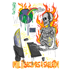 Esqueleto sentado em frente a um computador, cercado por chamas e elementos gráficos coloridos, simbolizando a fusão entre tecnologia e a mortalidade. O fundo apresenta um globo terrestre e uma mensagem criativa que reflete sobre a passagem do tempo.