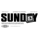 Design gráfico com a palavra "SUNDAY" em destaque, representando uma marca de streetwear. O texto sugere uma reflexão sobre a semana passada e a preparação para a próxima, enfatizando qualidade e autenticidade na moda. Ideal para amantes de vestuário urbano.