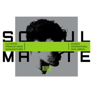 Imagem com design moderno apresentando a marca "Soul Mate". Inclui texto informativo sobre vestuário premium autêntico, com destaque para "Nova Chegada" e "Divisão Internacional". O fundo é em tons de cinza e verde, com a silhueta de um rosto.
