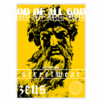 Imagem de uma arte de streetwear destacando Zeus, o deus dos deuses, com um fundo amarelo vibrante. O design inclui elementos gráficos e a palavra "autêntico" em destaque.