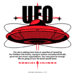 Imagem de um disco voador estilizado em vermelho, com a palavra "UFO" em destaque. O design apresenta um fundo simples e uma mensagem que sugere uma crítica à ciência e organizações governamentais, indicando uma mudança iminente no mundo. Ideal para discussões sobre ufologia e temas relacionados à cultura pop.