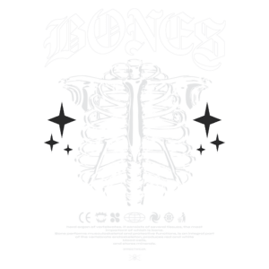 Design gráfico com a palavra "BONES" em destaque, ilustrando uma estrutura esquelética com estrelas ao redor, representando a temática de streetwear e cultura urbana.