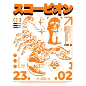 Ilustração em laranja vibrante com um escorpião estilizado e a silhueta de um homem, destacando elementos gráficos como estrelas e símbolos. Data "23.02.2023" e texto informativo sobre os efeitos do veneno de escorpião no sistema nervoso. Design moderno e impactante, ideal para eventos ou campanhas relacionadas à biologia ou neurociência.