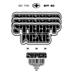 Design gráfico moderno com a frase "SUPER STREET WEAR" em destaque, apresentando uma tipografia ousada em preto e branco, ideal para moda urbana. Inclui elementos visuais como código de barras e detalhes estilizados, representando uma marca de streetwear contemporânea.