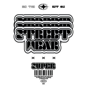 Design gráfico moderno com a frase "SUPER STREET WEAR" em destaque, apresentando uma tipografia ousada em preto e branco, ideal para moda urbana. Inclui elementos visuais como código de barras e detalhes estilizados, representando uma marca de streetwear contemporânea.