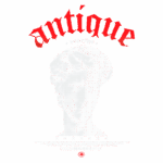 Imagem estilizada de uma escultura clássica com a palavra "antique" em destaque. O design apresenta um retrato em pontos, evocando a arte antiga e a história da escultura. Ideal para temas relacionados à arte, cultura e design vintage.