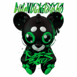 Imagem de um urso estilizado em 3D, com pelagem preta e detalhes verdes, usando óculos grandes e com um design moderno. O texto "Sad Bear" está presente na parte inferior, junto a elementos gráficos vibrantes. Ideal para temas de arte digital e cultura pop.