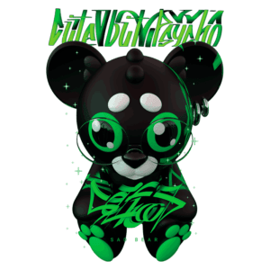 Imagem de um urso estilizado em 3D, com pelagem preta e detalhes verdes, usando óculos grandes e com um design moderno. O texto "Sad Bear" está presente na parte inferior, junto a elementos gráficos vibrantes. Ideal para temas de arte digital e cultura pop.