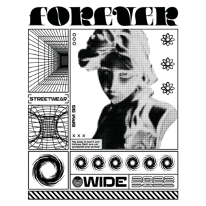 Design gráfico em preto e branco com elementos de streetwear, destacando a frase "Meu corpo é cicatrizes e tatuagens. Ambos não são acidentais e para sempre." Inclui padrões geométricos e uma figura feminina estilizada, representando a estética urbana de 2022.