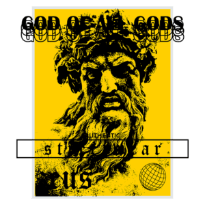 Imagem artística de Zeus, representado como o "Deus de todos os deuses", com um fundo amarelo vibrante. A ilustração destaca a figura imponente do deus grego, enfatizando sua expressão poderosa e detalhes faciais. Elementos gráficos adicionais incluem texto estilizado e um símbolo de globo, sugerindo uma conexão com temas de autoridade e universalidade.
