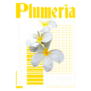 Design gráfico com flores de plumeria em estilo low poly, com texto estilizado "Plumeria" e detalhes em amarelo e branco, representando uma marca de streetwear.