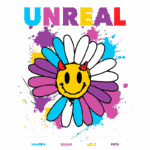 Imagem colorida com o texto "UNREAL" e uma flor sorridente com pétalas em várias cores. Abaixo, a frase "Todo mundo quer alguma solução mágica para seus problemas e todos se recusam a acreditar na magia", acompanhada dos nomes "Brooklyn", "London", "Tokyo" e "Paris". Ideal para temas de criatividade e positividade.