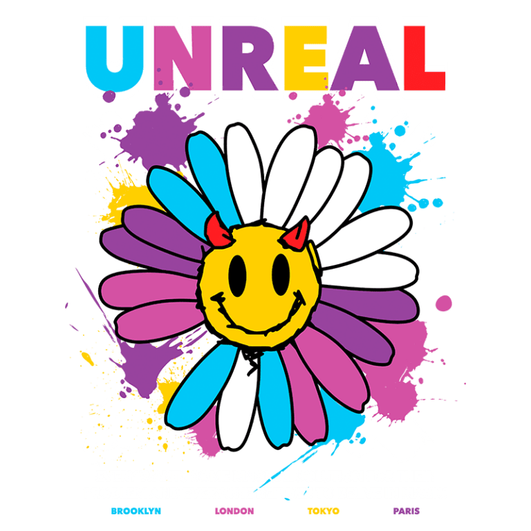 Imagem colorida com o texto "UNREAL" e uma flor sorridente com pétalas em várias cores. Abaixo, a frase "Todo mundo quer alguma solução mágica para seus problemas e todos se recusam a acreditar na magia", acompanhada dos nomes "Brooklyn", "London", "Tokyo" e "Paris". Ideal para temas de criatividade e positividade.
