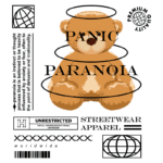 Imagem de um ursinho de pelúcia com as palavras "PANIC" e "PARANOIA" em destaque, acompanhadas de elementos gráficos relacionados à moda streetwear. O design inclui a frase "UNRESTRICTED FOR ALL HUMANS WITHOUT SOCIAL LIMITATIONS" e símbolos que representam qualidade premium e uma abordagem contemporânea.