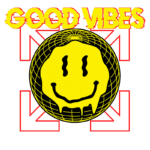 Design gráfico de moda streetwear com a frase "Good Vibes" destacada, apresentando um globo sorridente em amarelo sobre um fundo verde. Elementos visuais incluem setas e detalhes que enfatizam o estilo urbano.