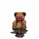 Ursinho de pelúcia com fita rosa nos olhos e gravata borboleta, refletido em uma poça, com a frase "BROKEN CULTURE" em estilo gráfico acima. Ideal para produtos de moda alternativa e cultura urbana.