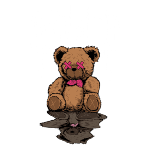 Ursinho de pelúcia com fita rosa nos olhos e gravata borboleta, refletido em uma poça, com a frase "BROKEN CULTURE" em estilo gráfico acima. Ideal para produtos de moda alternativa e cultura urbana.