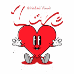 Ilustração de um coração vermelho sorridente com braços e pernas, incentivando a espalhar amor e desejar um bom dia. Design divertido e colorido, ideal para mensagens positivas.