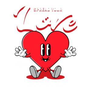 Ilustração de um coração vermelho sorridente com braços e pernas, incentivando a espalhar amor e desejar um bom dia. Design divertido e colorido, ideal para mensagens positivas.