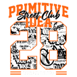 Design gráfico do logotipo "Primitive Street Club" com a numeração "28" e elementos de arte urbana, incluindo grafites e frases criativas, representando a divisão criativa da marca.