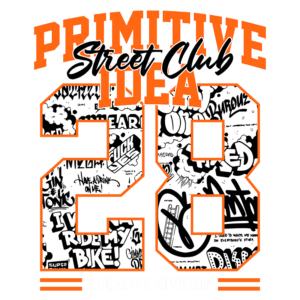Design gráfico do logotipo "Primitive Street Club" com a numeração "28" e elementos de arte urbana, incluindo grafites e frases criativas, representando a divisão criativa da marca.