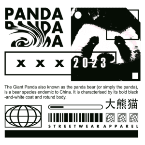 Imagem ilustrativa de um design de streetwear com temática de panda gigante, apresentando elementos gráficos como o texto "PANDA" e "2023". O panda gigante é uma espécie de urso endêmica da China, reconhecida por seu distinto pelagem preta e branca e corpo arredondado. Design moderno e estilizado para moda urbana.