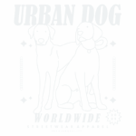 Ilustração de dois cães com o texto "Urban Dog Worldwide" e "Streetwear Apparel 2023", representando uma marca de moda urbana focada em qualidade e estilo.