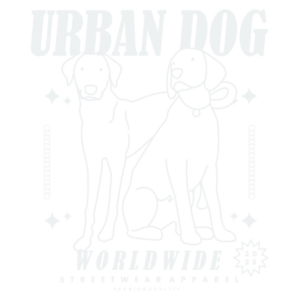 Ilustração de dois cães com o texto "Urban Dog Worldwide" e "Streetwear Apparel 2023", representando uma marca de moda urbana focada em qualidade e estilo.
