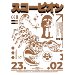 Ilustração estilizada de um escorpião, com elementos gráficos e texto em japonês, representando a influência do veneno de escorpião no sistema nervoso humano. Data destacada: 23.02.2023. Design moderno e artístico.