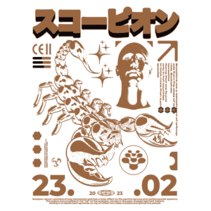 Ilustração estilizada de um escorpião, com elementos gráficos e texto em japonês, representando a influência do veneno de escorpião no sistema nervoso humano. Data destacada: 23.02.2023. Design moderno e artístico.