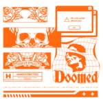 Design gráfico em tons de laranja com elementos como um crânio, rosas e mensagens provocativas. Inclui textos como "Doomed", "Premium Apparel" e "Unrestricted", com um estilo de edição limitada. Ideal para moda alternativa e streetwear.
