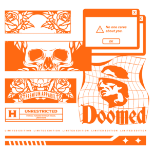 Design gráfico em tons de laranja com elementos como um crânio, rosas e mensagens provocativas. Inclui textos como "Doomed", "Premium Apparel" e "Unrestricted", com um estilo de edição limitada. Ideal para moda alternativa e streetwear.